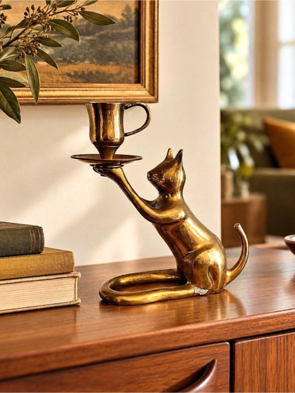 Vintage Brass Cat Candlestick Holder